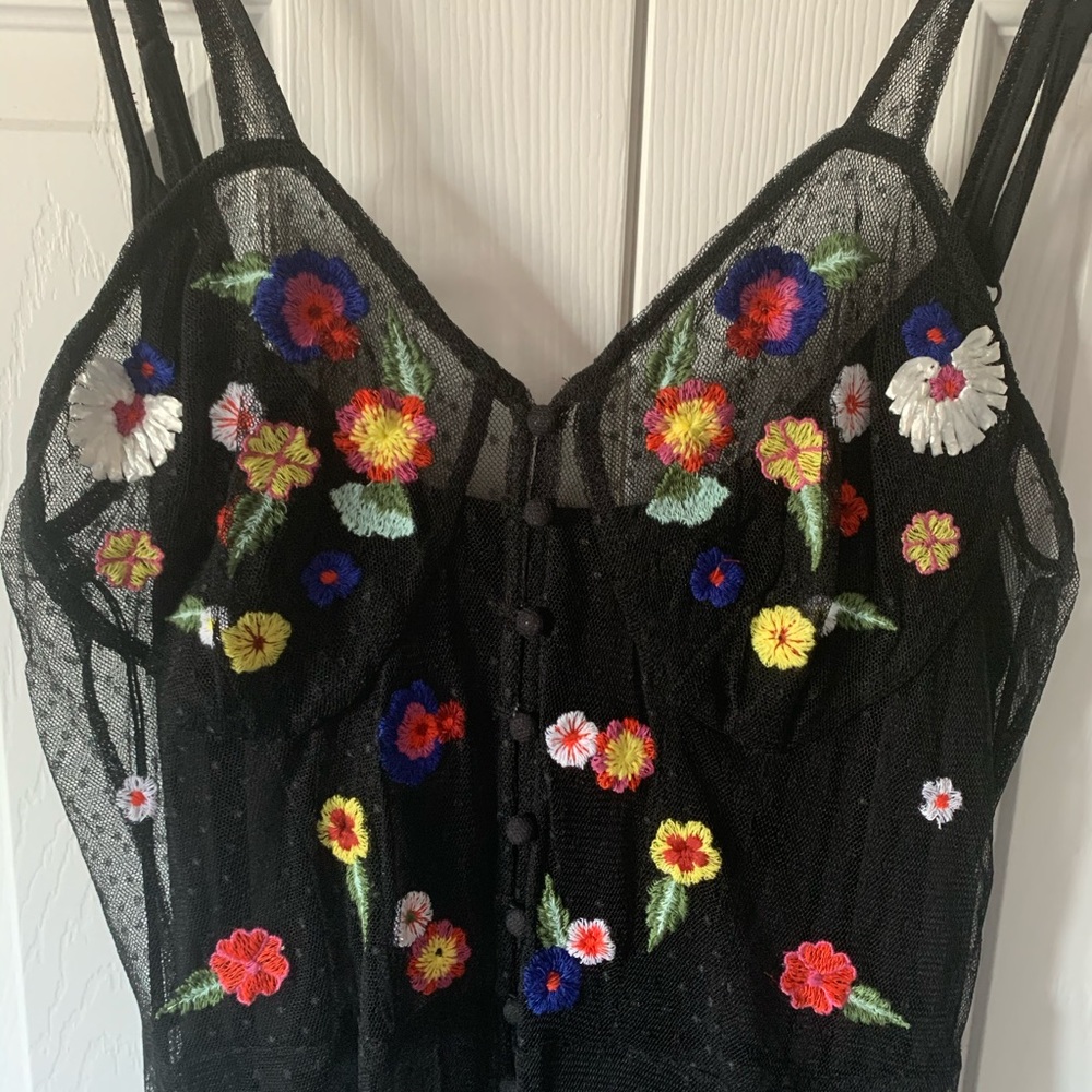Guess Long Black Sheer Embroidered Dress